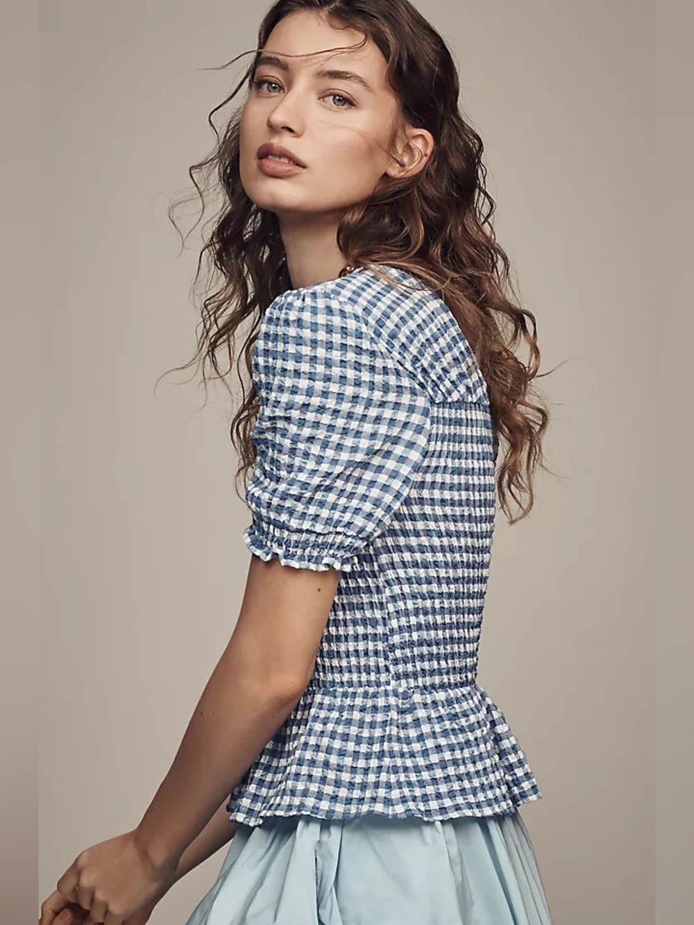 Maeve Smocked-Bodice Puff-Sleeve
Blouse